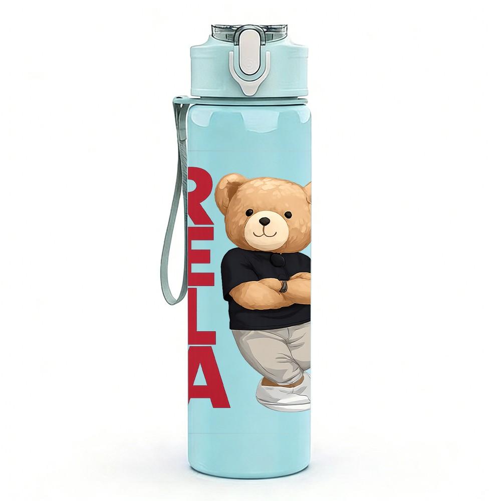 1PC RELA Teddy Bear Letter Graphic 750ml Color Plastic Sports Water Bottle Leakproof Flip Straw Lid Suitable for Sports Office Home Use