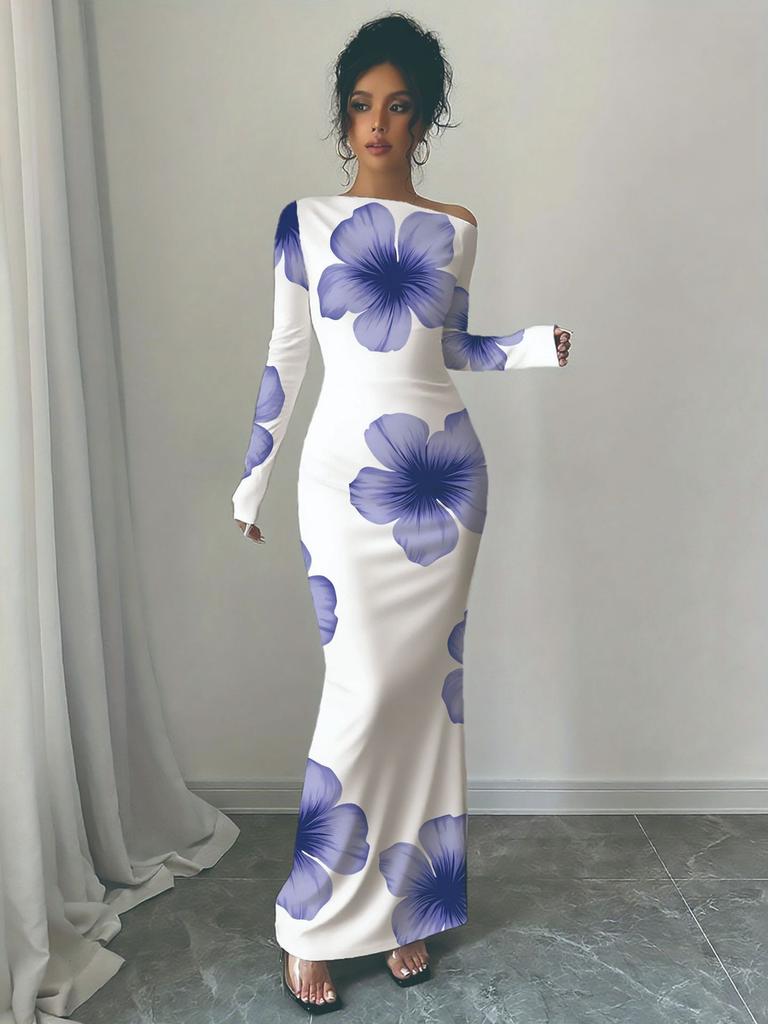 Осень Новое Платье Макси с Принтом Элегантное Приталенное Платье с Длинным Рукавом Женское Готовое