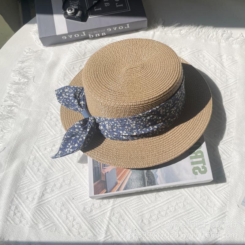 French flat hat straw hat women's summer seaside play beach hat top hat floral with sun protection hat