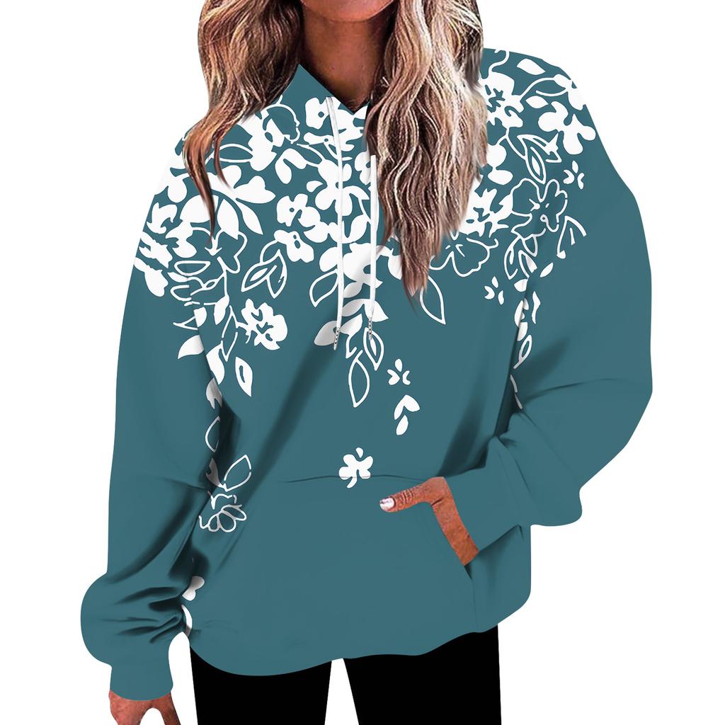 Женская мода, свободная повседневная толстовка с длинным рукавом и цветочным принтом, толстовка с принтом листьев, топ