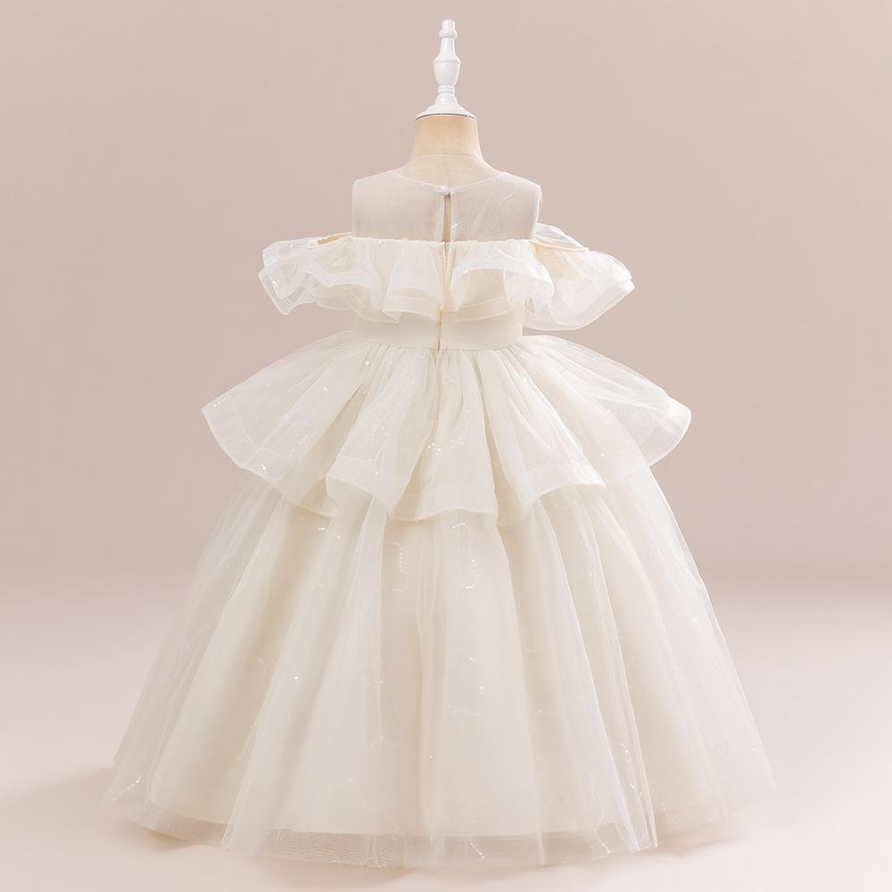 2023 Тюлевое платье принцессы с открытыми плечами для девочек с рюшами для свадебной вечеринки, пышное танцевальное вечернее бальное платье для детей 2–13 лет