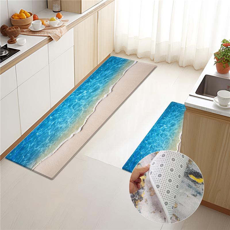 Коврик с волнами в морском стиле для кухни, пол, 3D морской принт, набор кухонных ковриков, губчатый материал, коврик для ванной комнаты, впитывающий нескользящий коврик