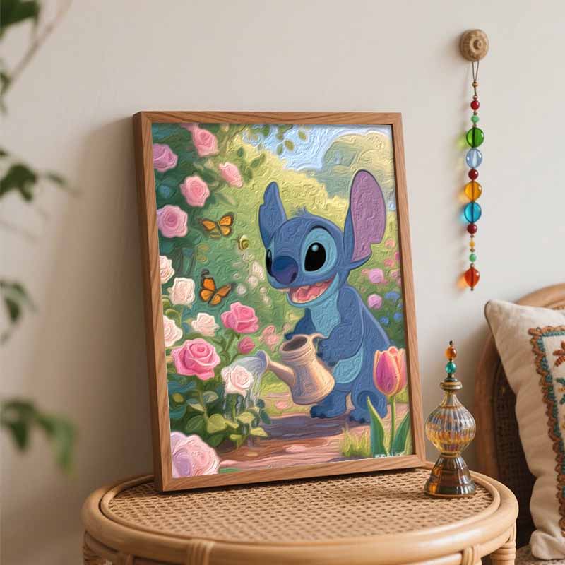 Disney Digital Oil Painting Art Kit Stitch Watering Flowers Hand Filled Home Decor