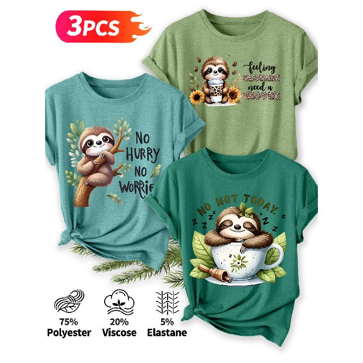 2026 3 Pack Sloth Print Round Neck Women Short Sleeve T Shirts Elegant Casual Holiday Spring Summer Tops
