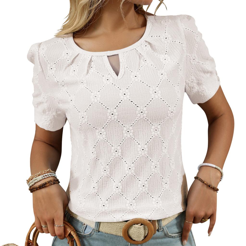 2025 Весна/Лето Новая однотонная футболка с круглым вырезом и коротким рукавом на пуговицах с открытыми плечами