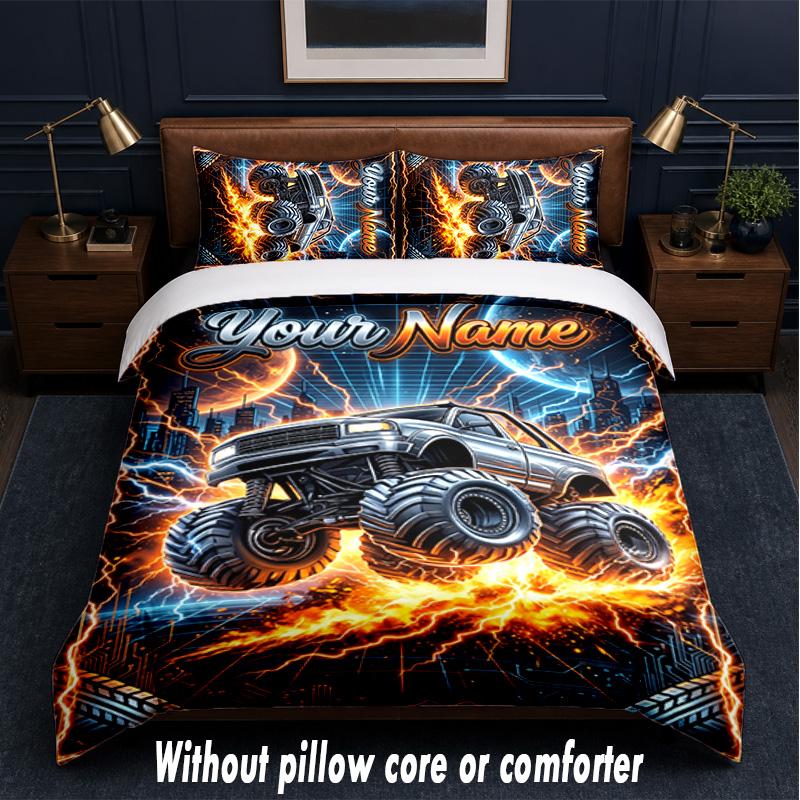 Monster Truck Theme Custom Text Or Name 3Pcs Bedding Set,1 Flat Sheet & 2 Pillowcases Personalized Home Bedding