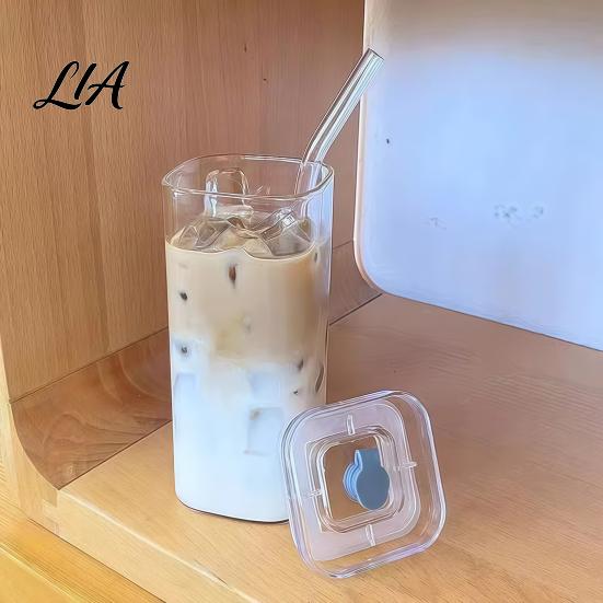 Versatile Glass Cups for Smoothies Cup with Lid And Straw, Square Clear Borosilicate Heat Iced Coffee Glassware Home Office Resistant Tumbler,