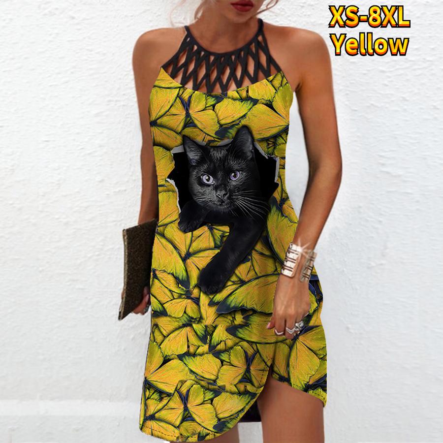 Летнее модное сексуальное платье без рукавов, мягкое повседневное платье с 3D принтом черного кота, платье на бретельках без рукавов, летнее платье на подтяжках