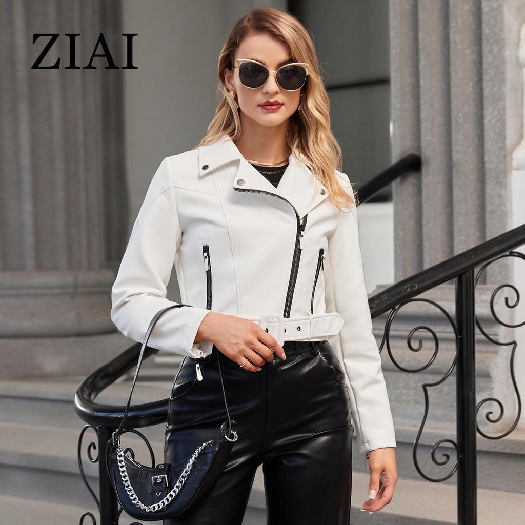 ziai Короткая куртка из искусственной кожи для женщин с косой молнией и лацканами, свободный водонепроницаемый плащ, модное уличное пальто из искусственной кожи ZP-23812