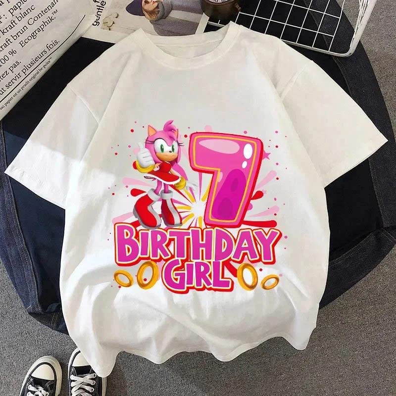 Summer Breathable T-shirts Short Sleeves Shirt Gift Sonics New Pink T-shirt for Girls Birthday Number 1-9 Cute Cartoon White Tee
