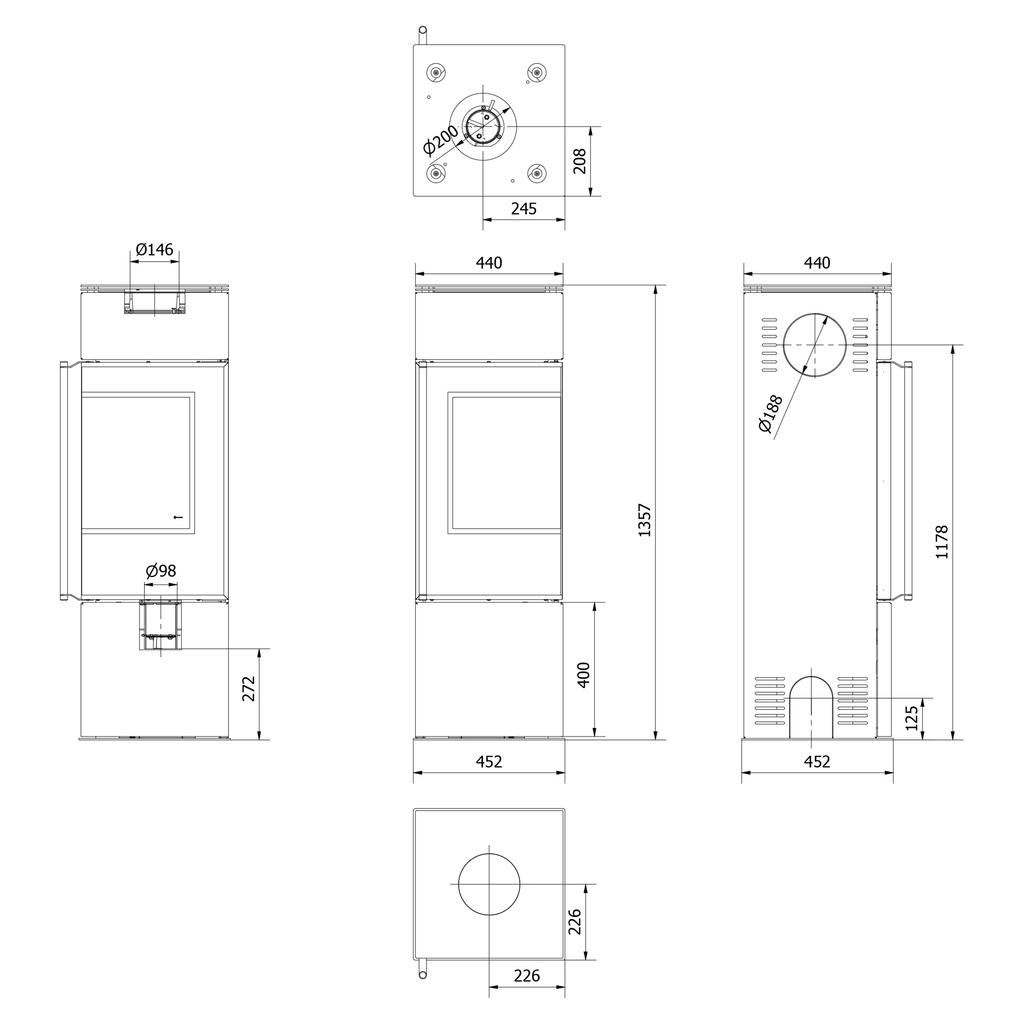 Wood burning steel stove KRATKI REN/S right Ø 150 7 kW self closing door