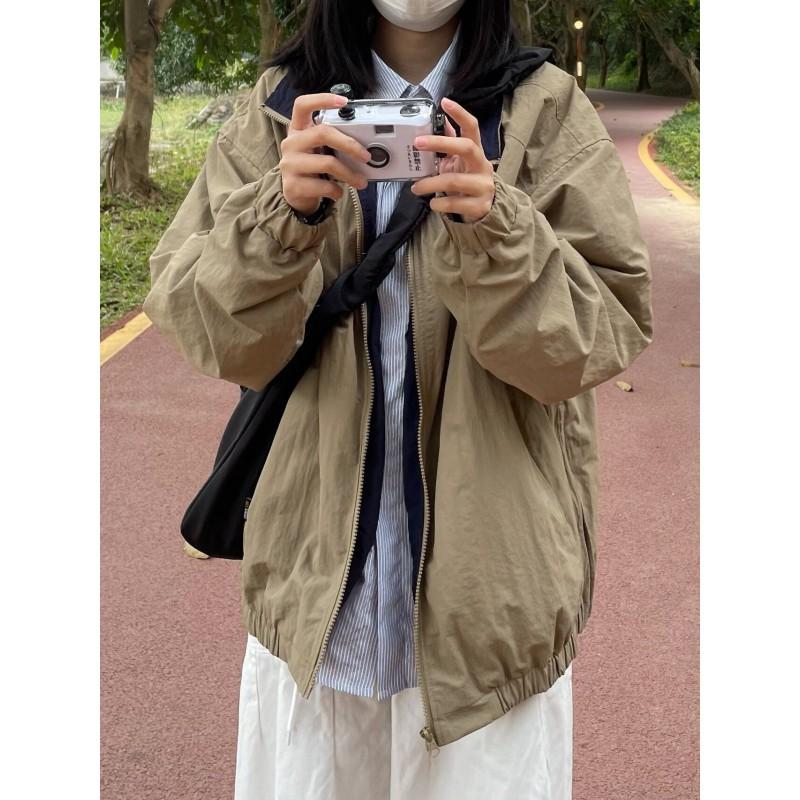 Unisex Oversized Streetwear Jacket In Khaki Navy Relaxed Fit Baseball Collar Outerwear Fall