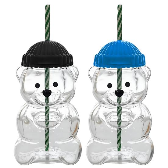 2Pcs Bear Shaped Tumbler with Lid & Straw Cute Leak-Proof Cup for Kids Adults Plastic Cold Drink Cup for Smoothie And Iced Coffee