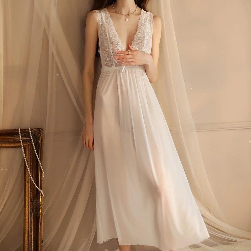 Sexy Nightgown Women Transparent Sleepwear White Ladies Lace Long Gowns Nightdress Sleeveless Wedding Night Dresses Low-cut
