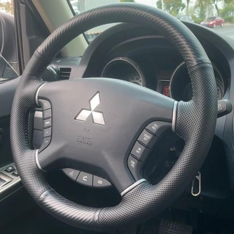 cwvc7 for Mitsubishi Pajero 2007-2014 Galant 2008-2012 Hand-Stitched Black genuine Leather Peach wood grain Car Steering Wheel Cover