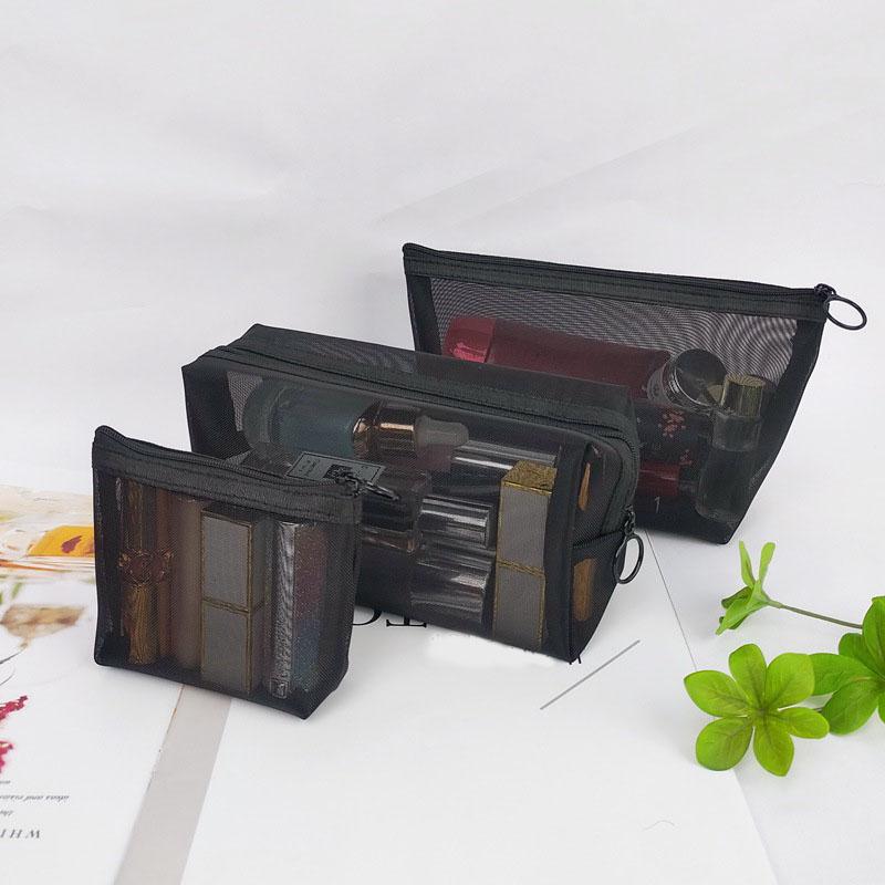3PCS Black Women's Cosmetic Bag Mesh Storage Organizer for Cosmetics Pencil Case Travel Girl Brush Toilet Makeup Pouch Case