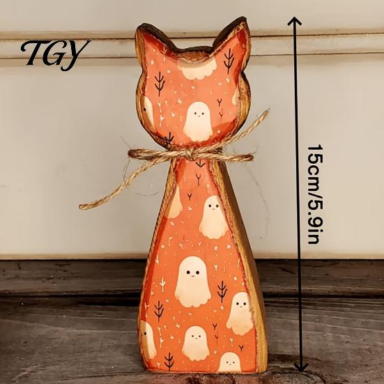 Retro Farmhouse Shelf Display Rustic Wooden Cat Ornament, Vintage Halloween/Flower Wood Tabletop Signs, Witch Hat Decor Distressed Animal Figurines