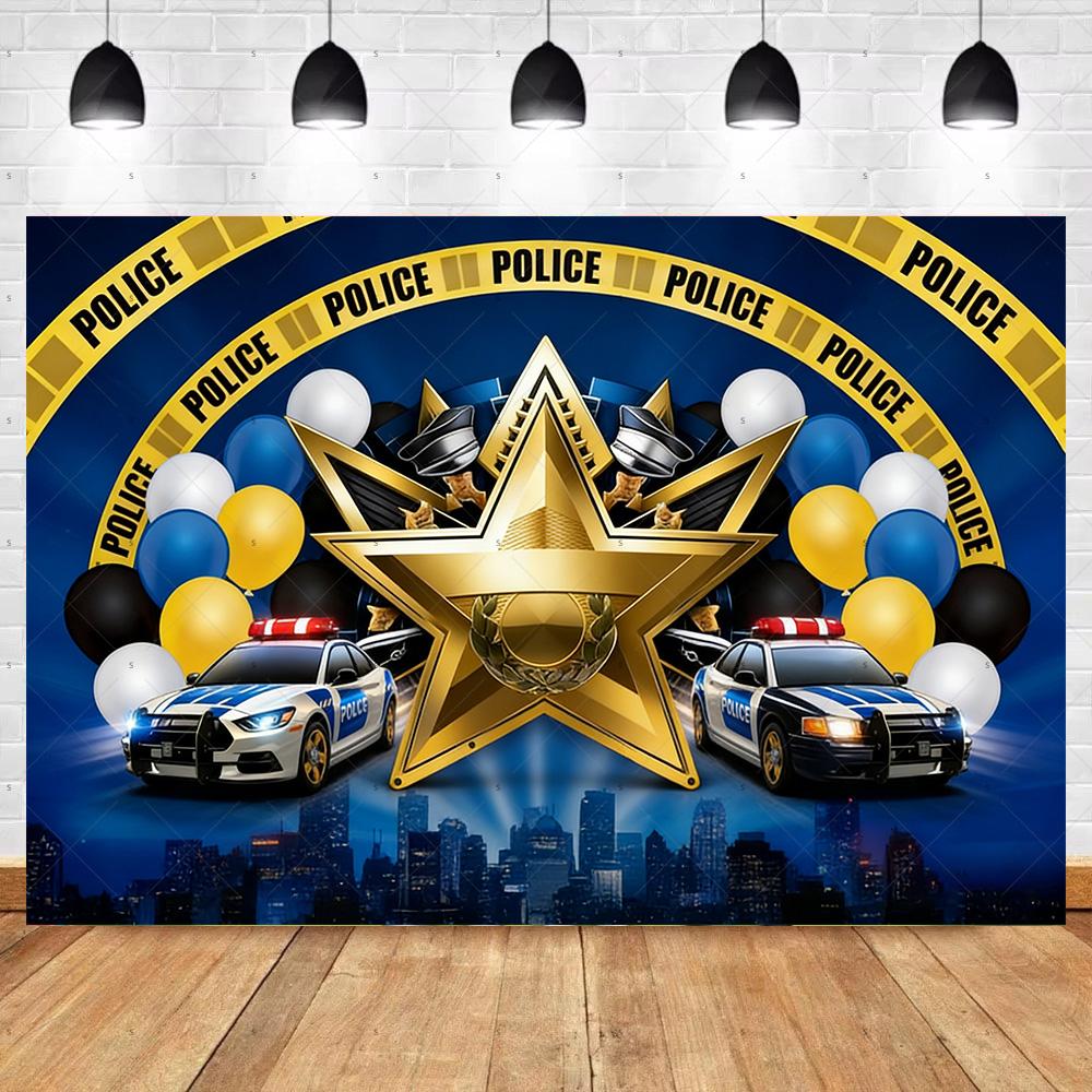 Cartoon Police Backdrop Police Station Car Background Banner Kid Birthday Party Decoration Baby Shower Supplies Photography Prop