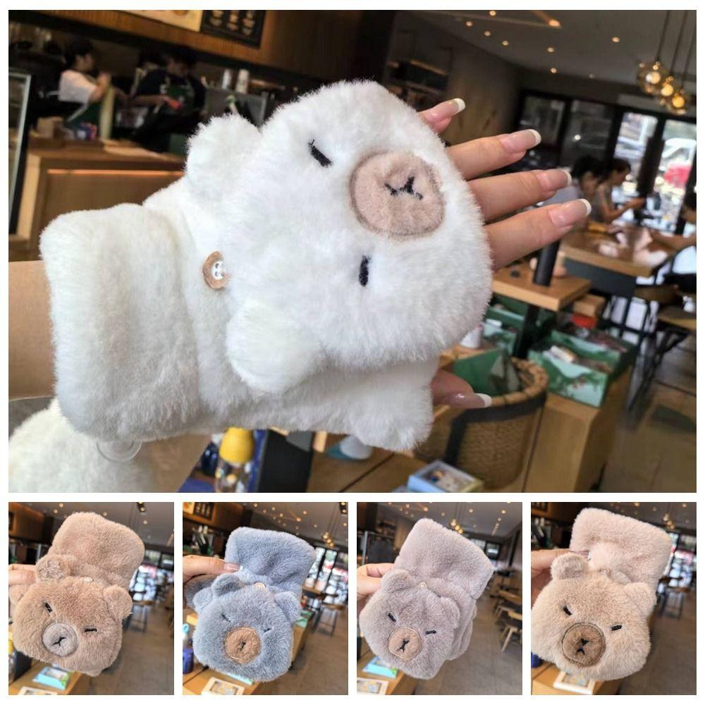 Faux Rabbit Hair Cartoon Anti-cold Mittens Soft Animal Flip Gloves Capybara Plush Mittens Autumn