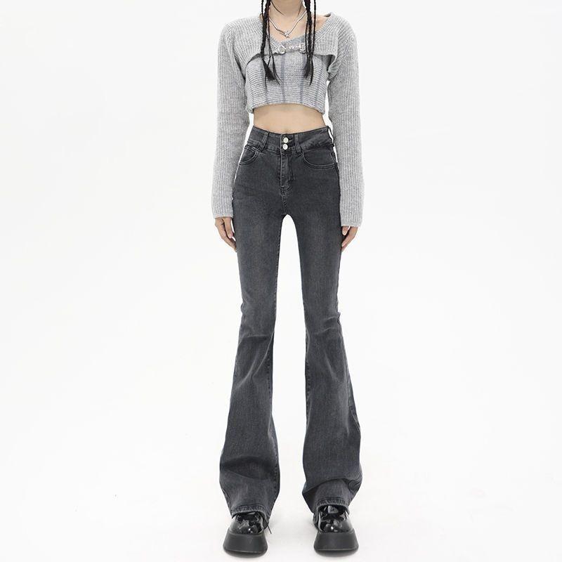 Womens High Waist Stretch Flared Jeans Slim Fit Mid-Rise Denim Pants Casual Korean Style