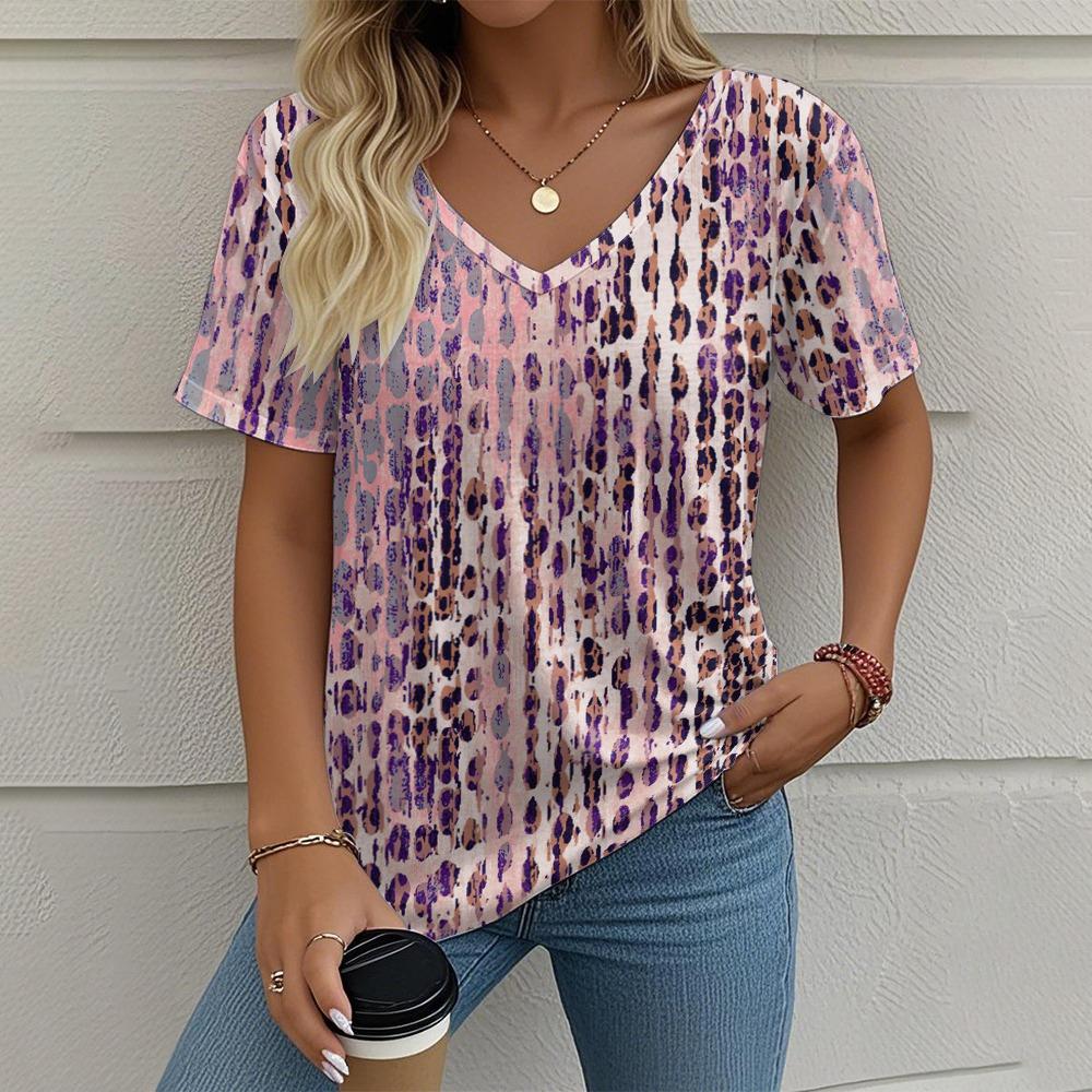 Летняя винтажная женская футболка Повседневная графическая печать Одежда больших размеров Верхняя одежда с V-образным вырезом и коротким рукавом Футболки уличной моды