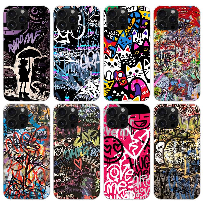 Graffiti Fashion Cool Phone Case For iPhone 17 Air 16 15 Pro Max 14 Plus 13 Mini 12 11 Cover 7 8 SE Silicone Shell Print Fundas