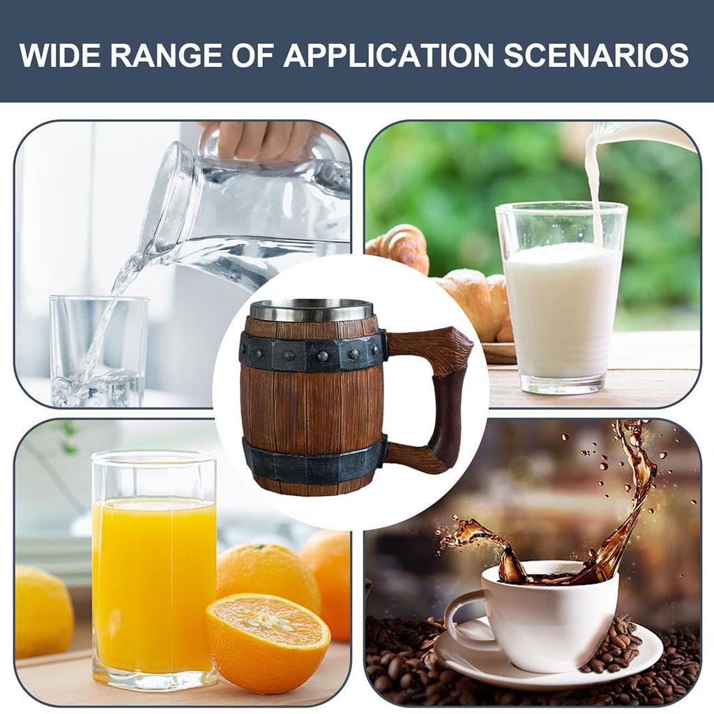 Viking Retro Beer Mug Resin 304 Stainless Steel Imitation Wood Coffee Cup Double Wall Mug Beer Jug Water Cup Barware Men's Gift