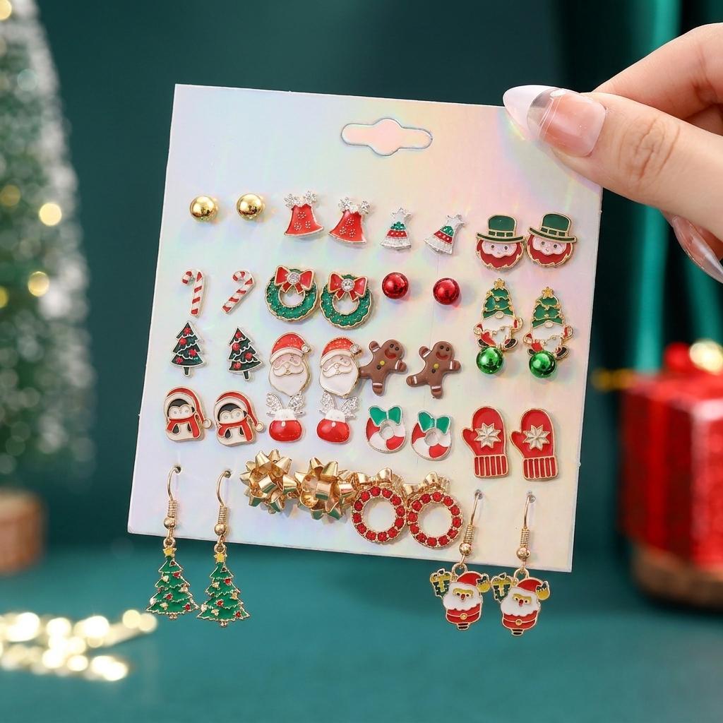 Must Have Christmas Tree Snowflake Gingerbread Stud Earring Set for Women Value Holiday Rhinestone Earrings Gift Jewelry