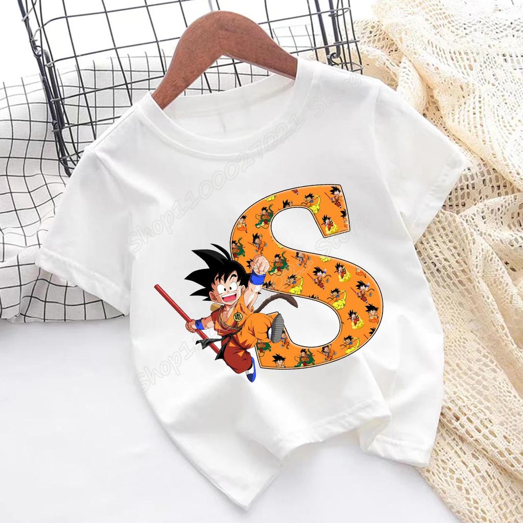 Футболка Dragon Ball Goku Детская с буквами от A до Z Топ Мультяшная Летняя Мода Белая с Коротким Рукавом Одежда Детская Повседневная Одежда Подарок