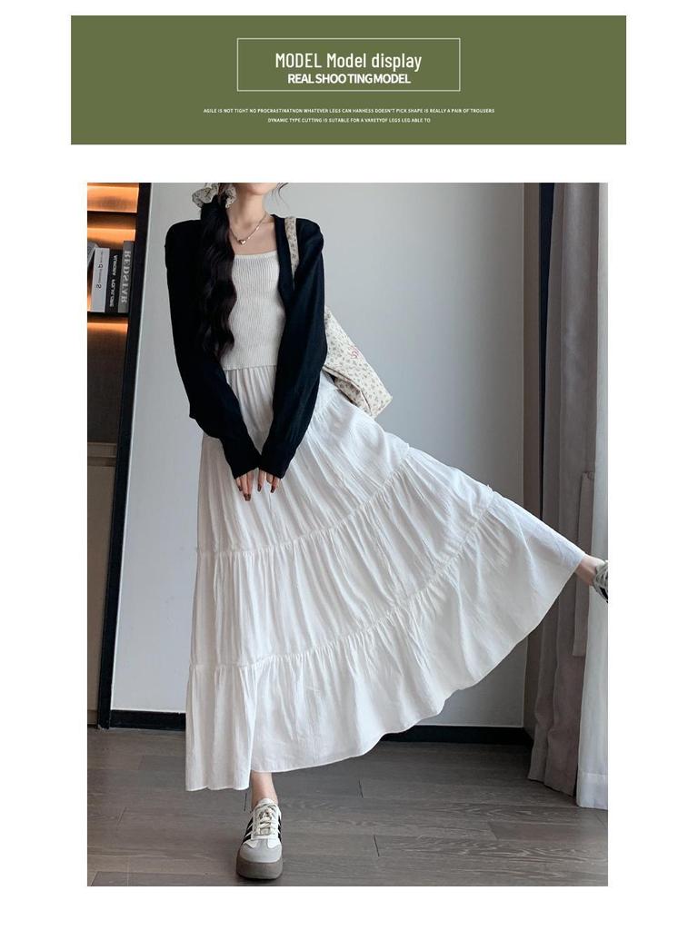 White A-line High Waist Pleated Long Skirt for Women - Spring/Summer 2026 Slimming Petite Layered Umbrella Design