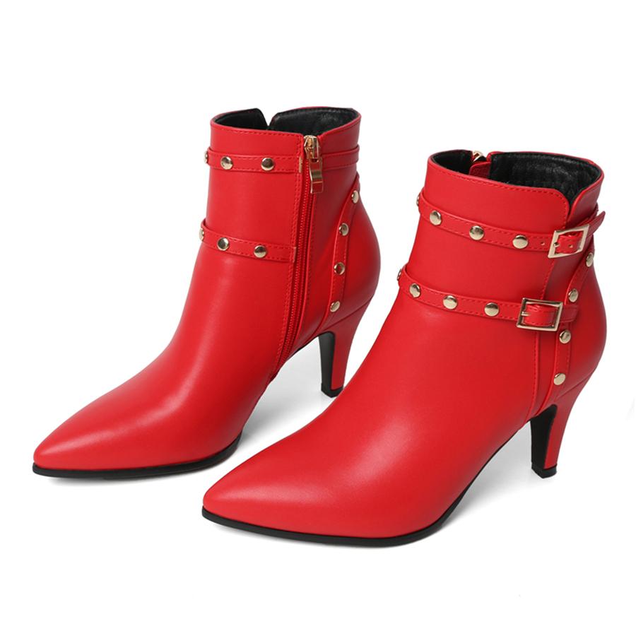 FOREADA Women Ankle Boots Pointed Toe Kitten High Heels Buckle Zipper Rivets Short Boots Ladies Fashion Shoes Winter Red 46