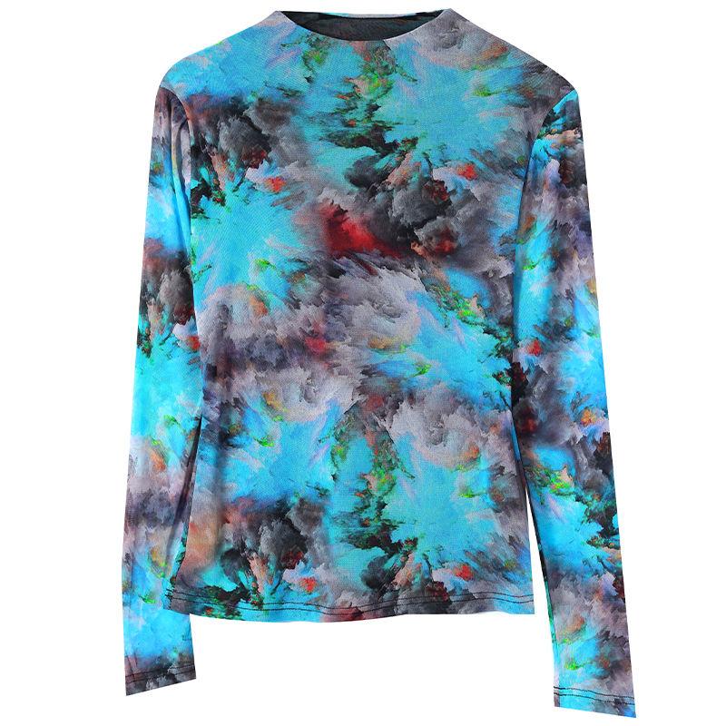 Модная тонкая сетчатая футболка с принтом, женская новая эластичная облегающая футболка с длинным рукавом, пуловер с полувысоким воротником