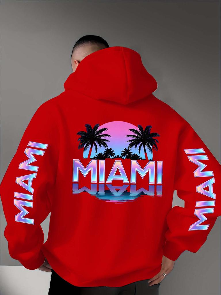 Street Culture Symbol Print Light Blue Gradient Sunset + Palm Tree. Miami Font Pattern Print Men's Fall-winter Hooded Sweatshirt