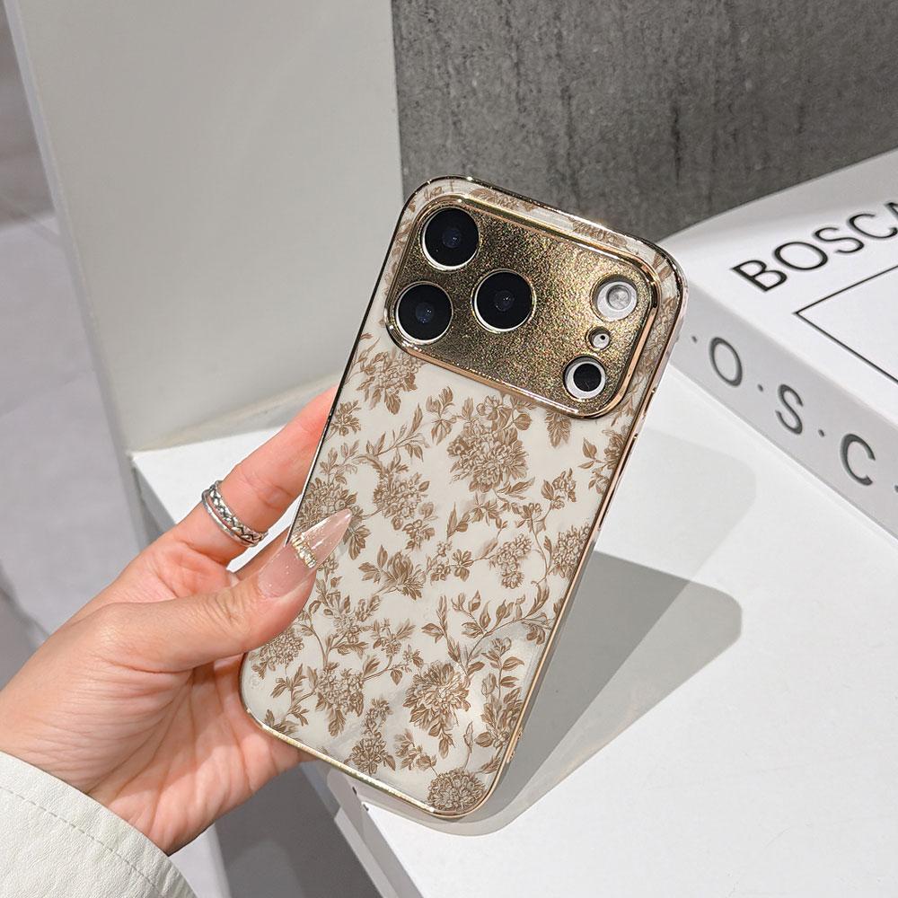 Чехол для телефона 'Счастливый старт' для iPhone 17 16 15 14 13 12 11 Pro Max 16E Золотой гальванизированный стеклянный корпус Бежевая крышка с пионами