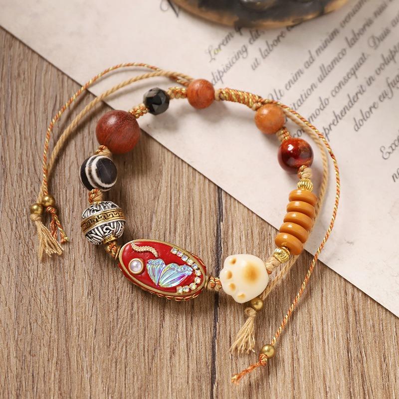 Винтажный плетеный браслет с тибетской бусиной дзи, нишевый дизайн, мужской и женский шнурок для руки, аксессуары