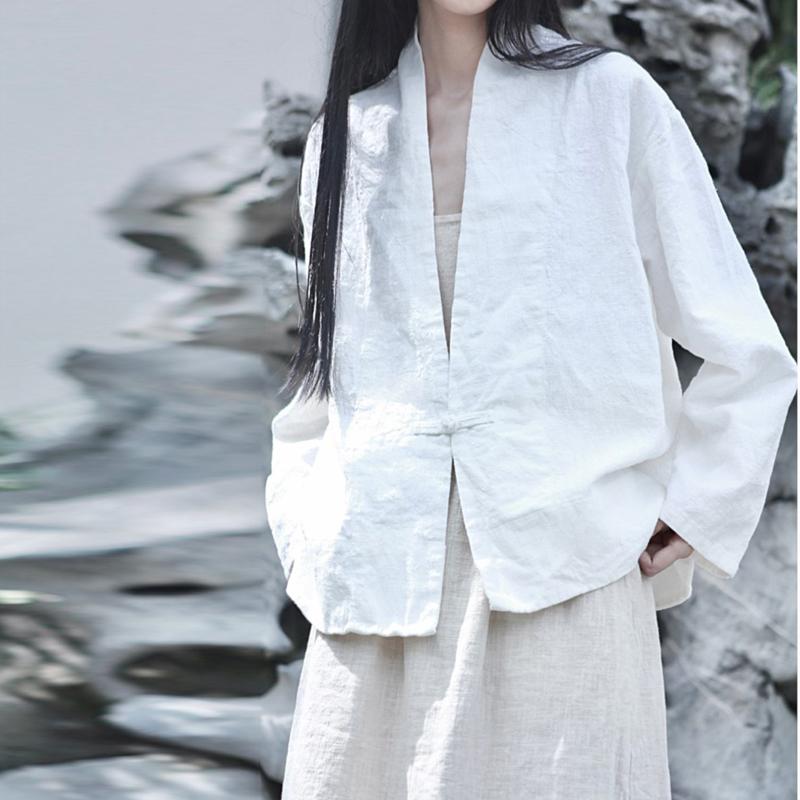 Johnature Autumn Woman Linen Vintage Disc Buckle Suit Coat Solid Color V-Neck Retro Loose Long Sleeves Coat