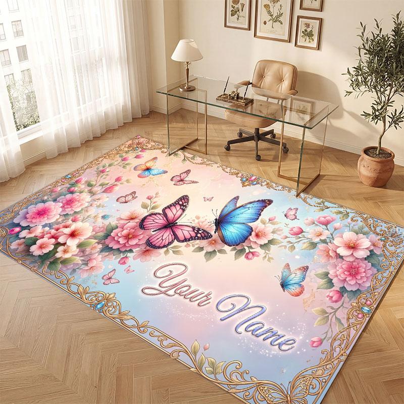 Butterfly Theme Crystal Velvet Floor Rug Personalized Custom Name Text Warm Carpet Home Decoration