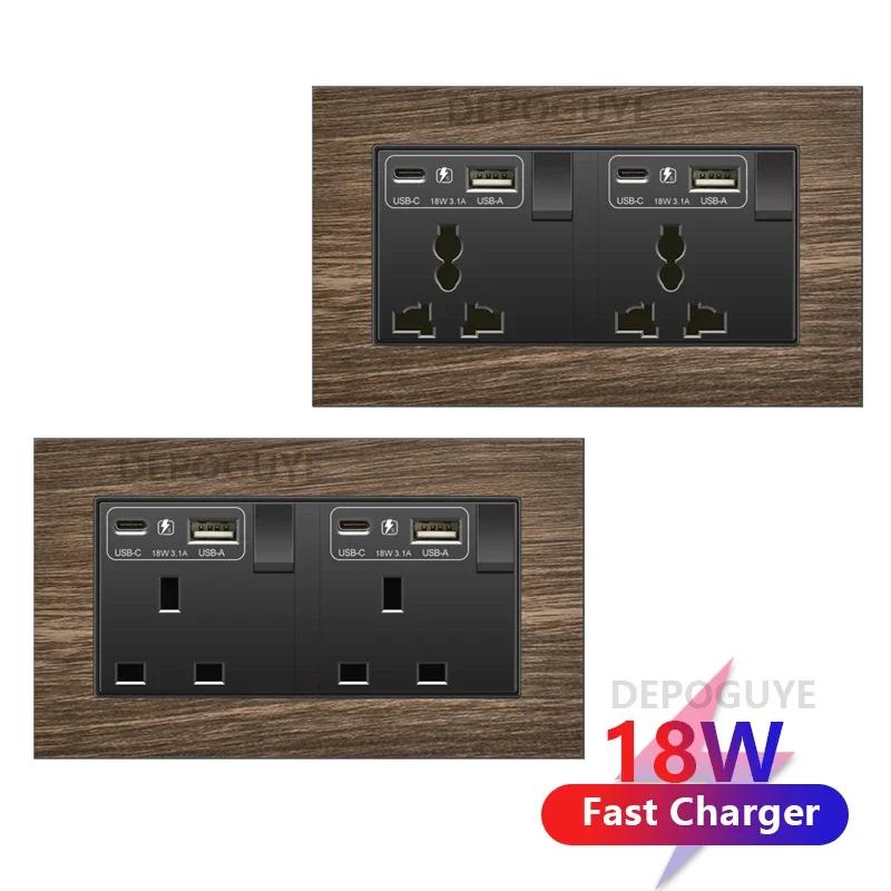 Двойная розетка UK 18W Type-C с функцией быстрой зарядки, универсальная электрическая розетка USB в стиле ретро с отделкой под дерево, электрический настенный выключатель света 220 В