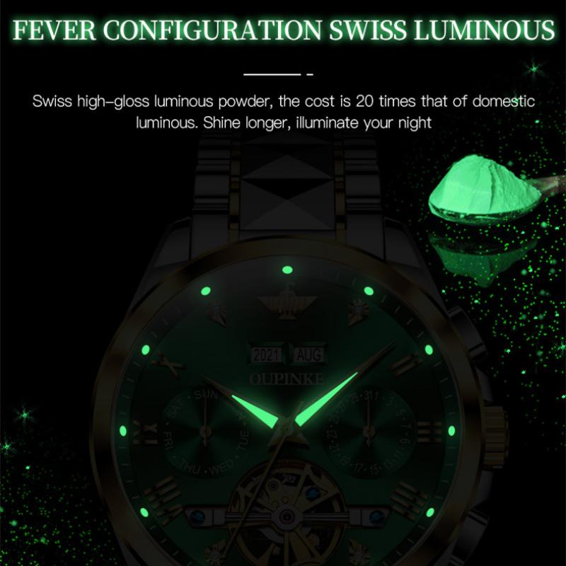 OUPINKE Мужские часы Механические часы Green Water Ghost Многофункциональные механические часы Бизнес-часы высокого класса