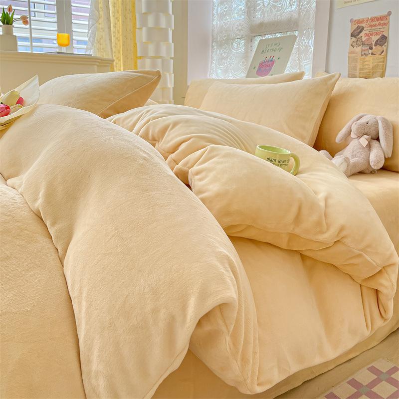 Thickened Milk Fleece Four-Piece Set, Solid Color Coral Fleece Bed Sheet Quilt Cover, Fleece Bedding Three-Piece Set
