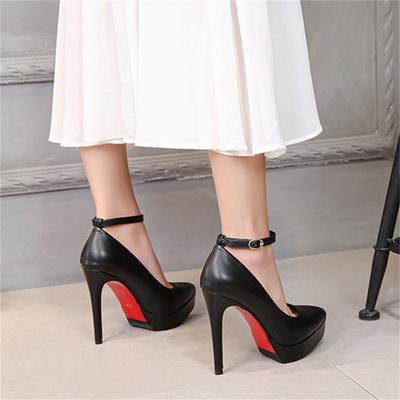 Женские туфли-лодочки на шпильке на платформе 12 см и 3 см, туфли-лодочки на платформе для стриптиза, туфли на высоком каблуке для ночного клуба с красной подошвой, женские фетиш-черные кожаные туфли с ремешком