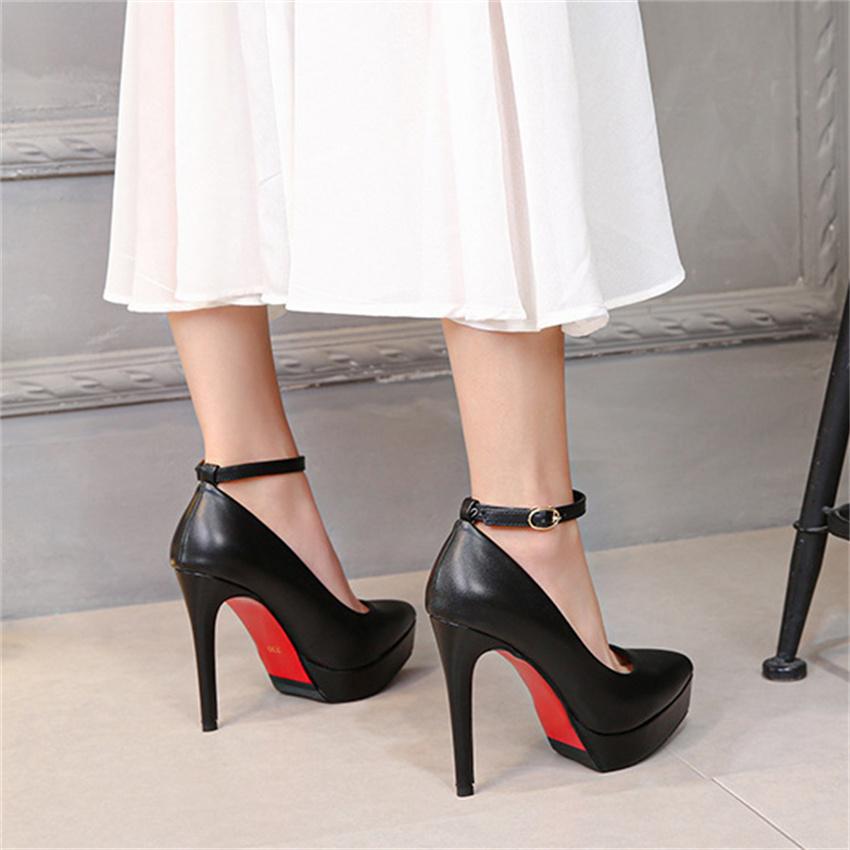 Женские туфли-лодочки на шпильке на платформе 12 см и 3 см, туфли-лодочки на платформе для стриптиза, туфли на высоком каблуке для ночного клуба с красной подошвой, женские фетиш-черные кожаные туфли с ремешком
