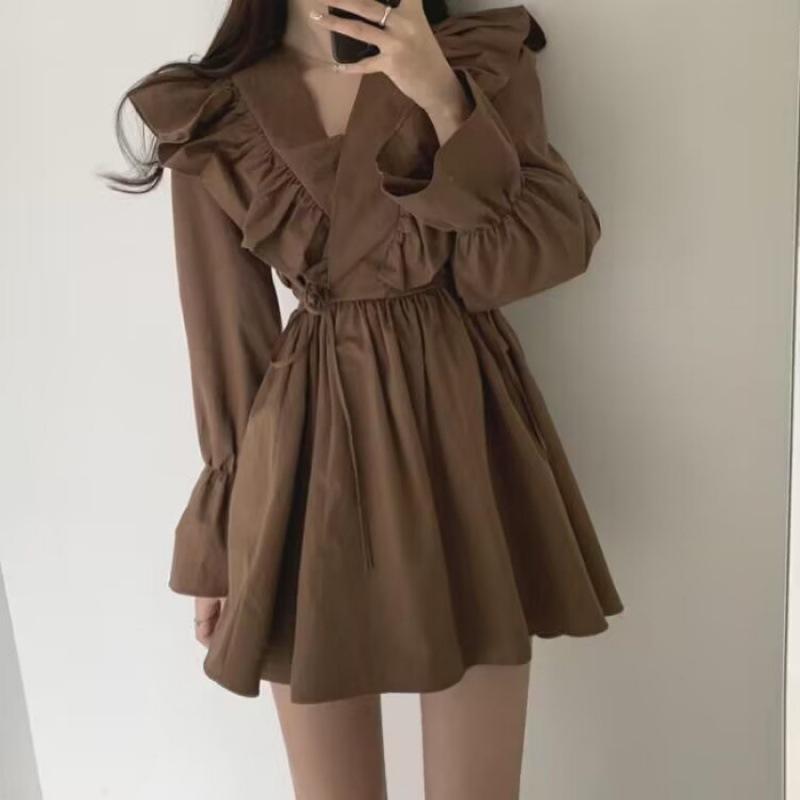 Spring Autumn Vintage V-neck Ruffles Waist Mini Dress Women Flare Long Sleeve Casual Fashion Robe Vestidos