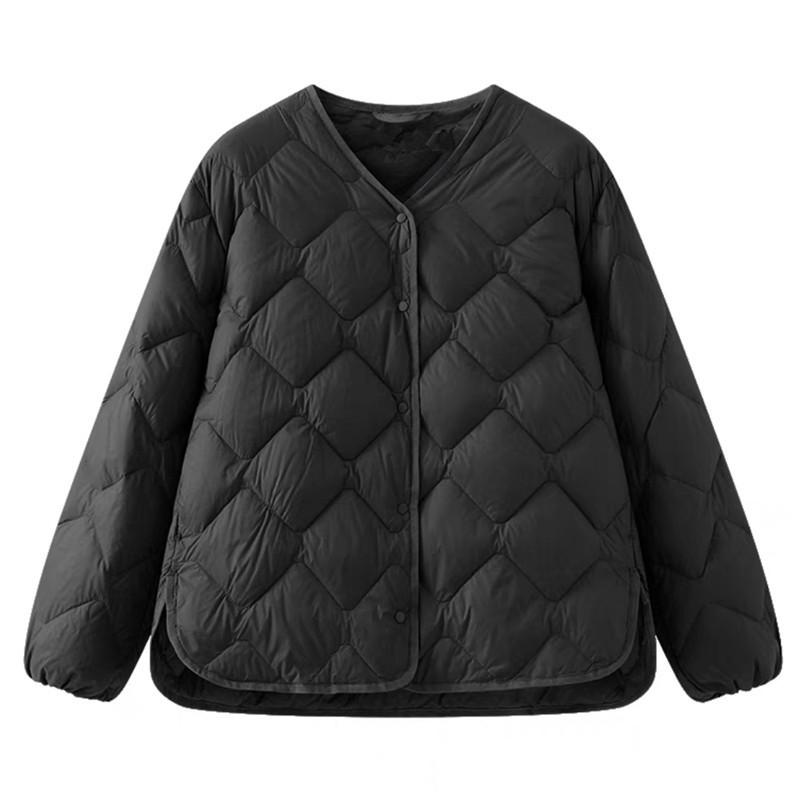 Short down jacket women's slim fit short autumn and winter V-neck loose rhombus casual jacket light and thin