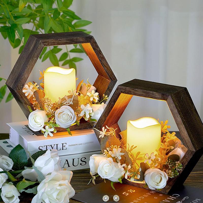 Christmas Wooden Hexagon Frame Garland Candlestick Tung Wood Wedding Table Centerpieces Countryside Style Candle Holder