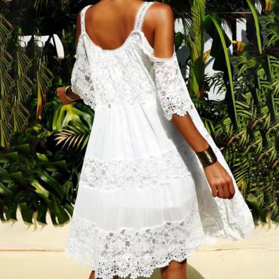Sling Cold Shoulder Half Sleeve Summer Dress Crochet Embroidery Lace Stitching Mini Dress Female Clothing