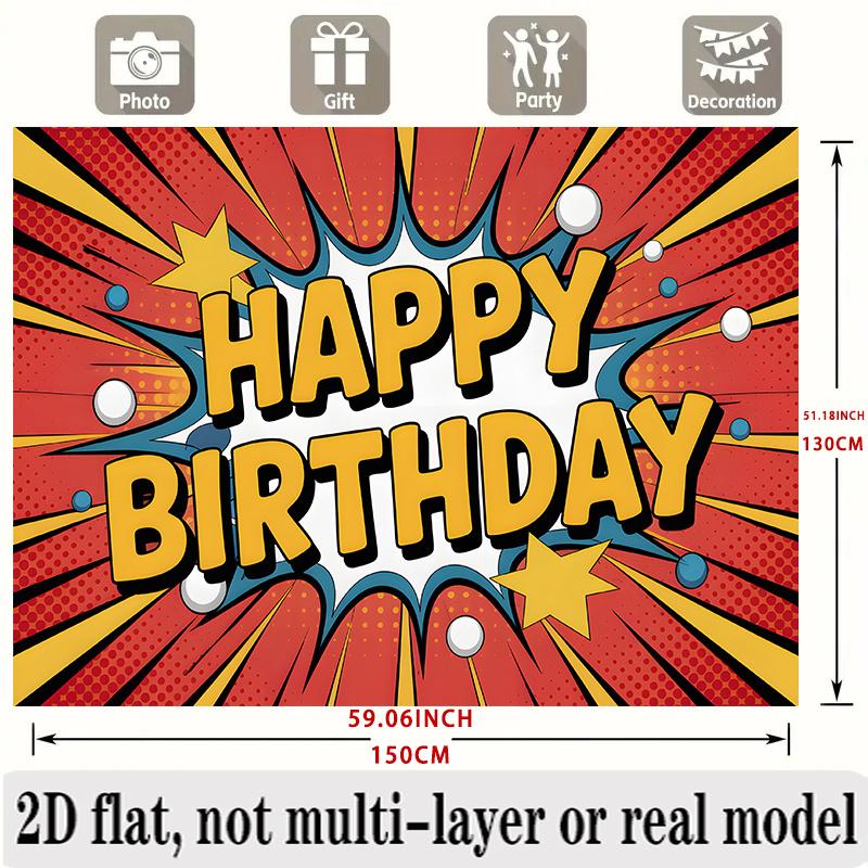 Comic Style Birthday Banner, Red Yellow Background Backdrop Wall Decor for Party