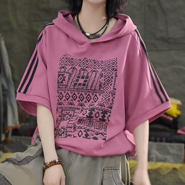 Dimanaf 2025 Летняя полосатая толстовка с капюшоном, хлопковая футболка для женщин, с принтом в виде букв и полос, короткий рукав, свободный, белый, черный