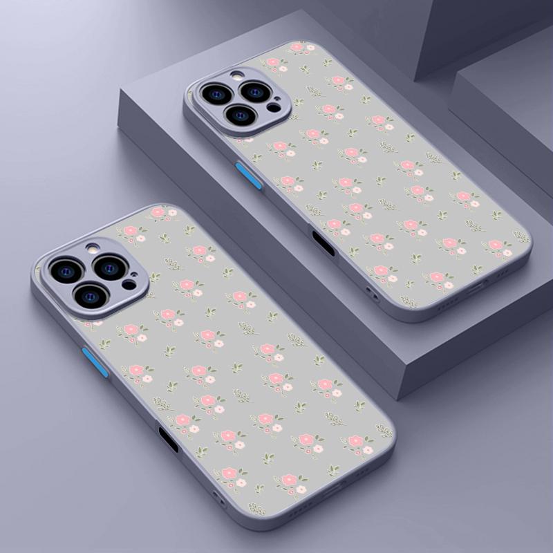 Розовый маленький цветочный узор Жесткий ПК чехол для телефона iPhone 16 15 14 13 12 Pro Max 11 Противоударный мягкий край Прозрачный тонкий матовый чехол Чехол