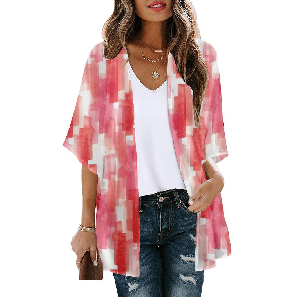 Women's Fashion Printed Seven-Part Sleeve Cardigan Loose Blouse Casual Blouse Top